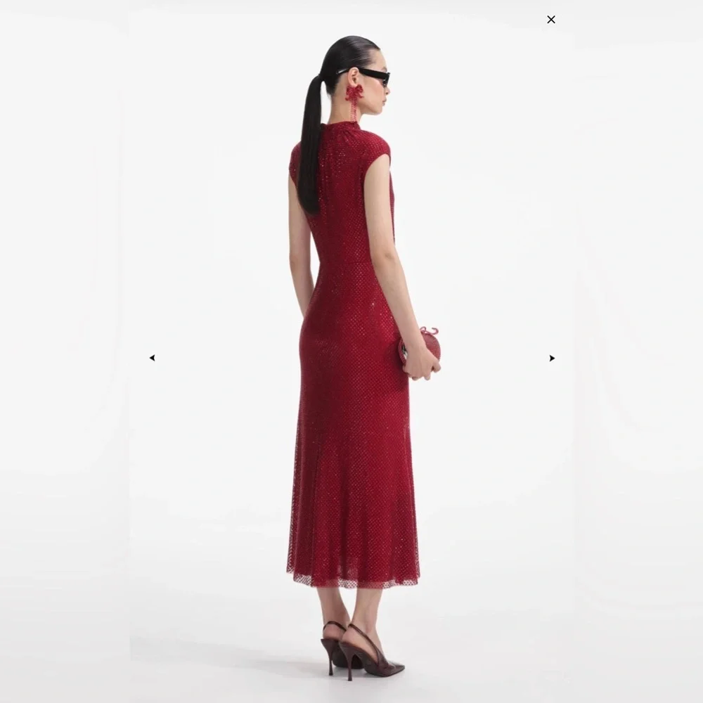 Self-Portrait Red Rhinestone Fishnet Midi Dress - Picture 5 of 10